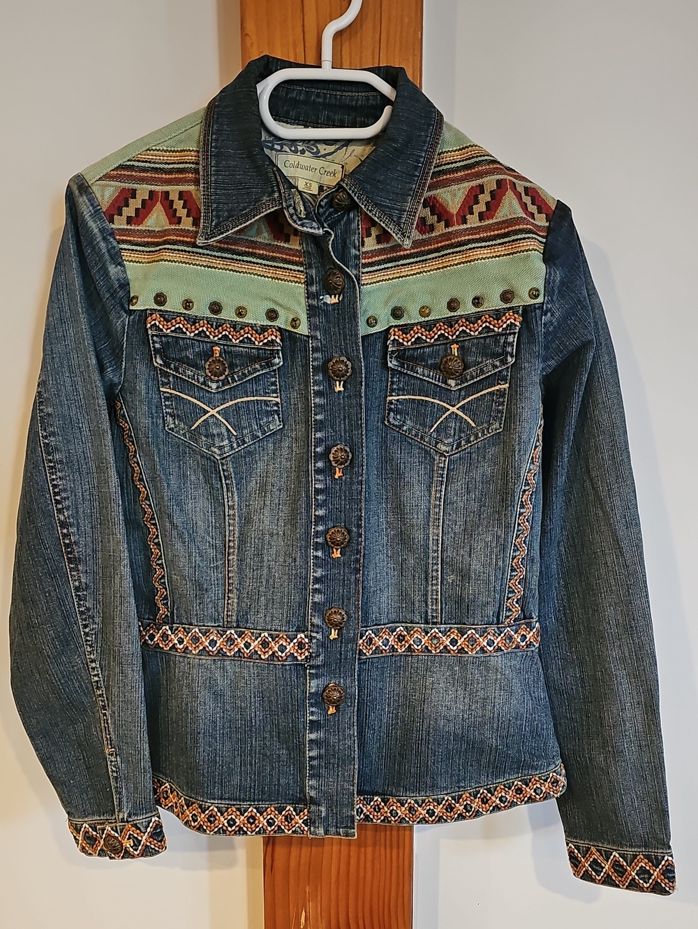 Southwestern  Embroidered Denim Jacket - Blue with Mint Accents